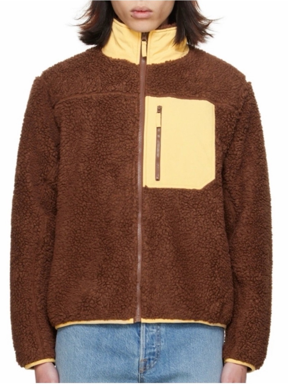 Madhappy Brown Sherpa Zip-Up Sweater with Yellow Pocket NWT